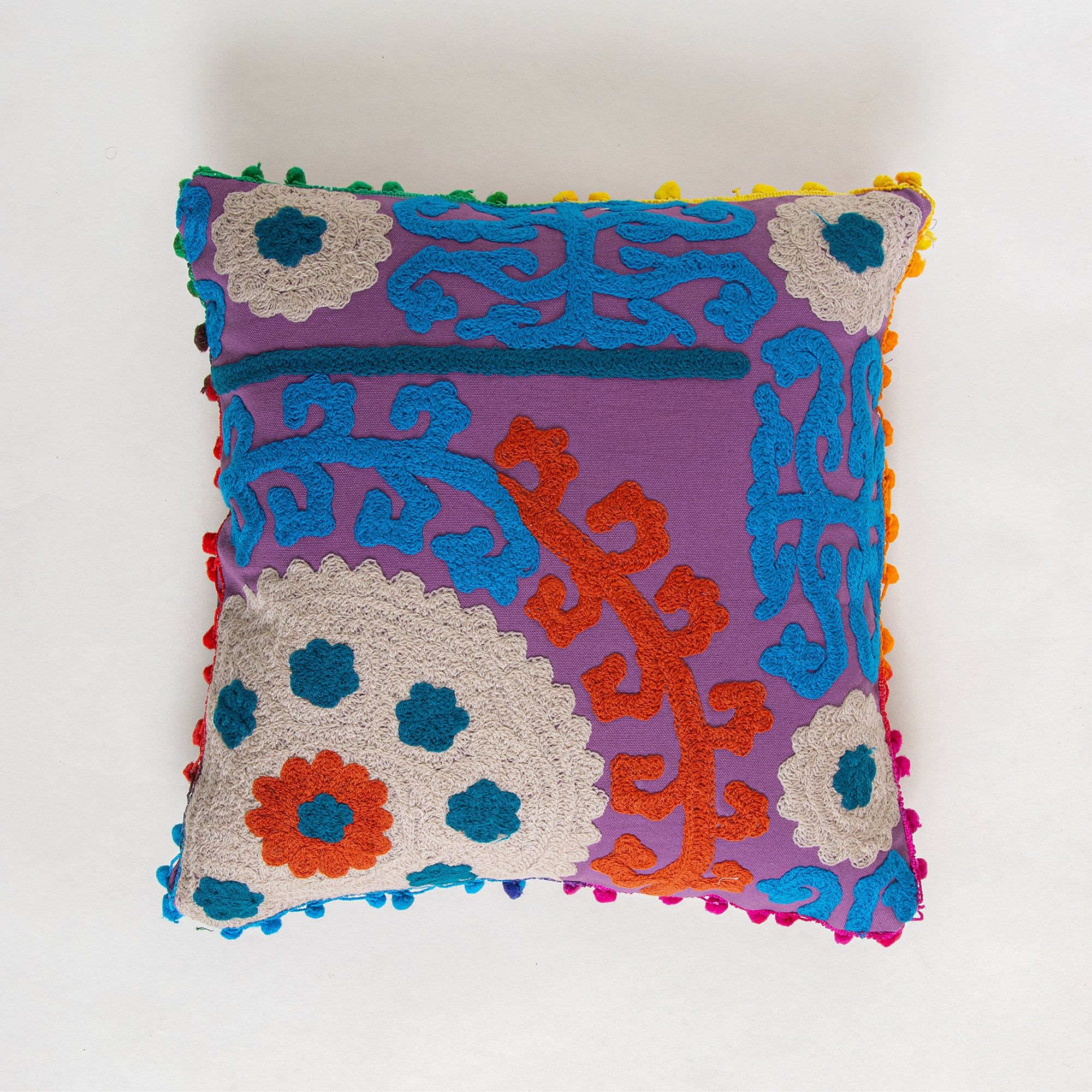 Cotton Embroidered Pom Pom Cushion Cover 16x16